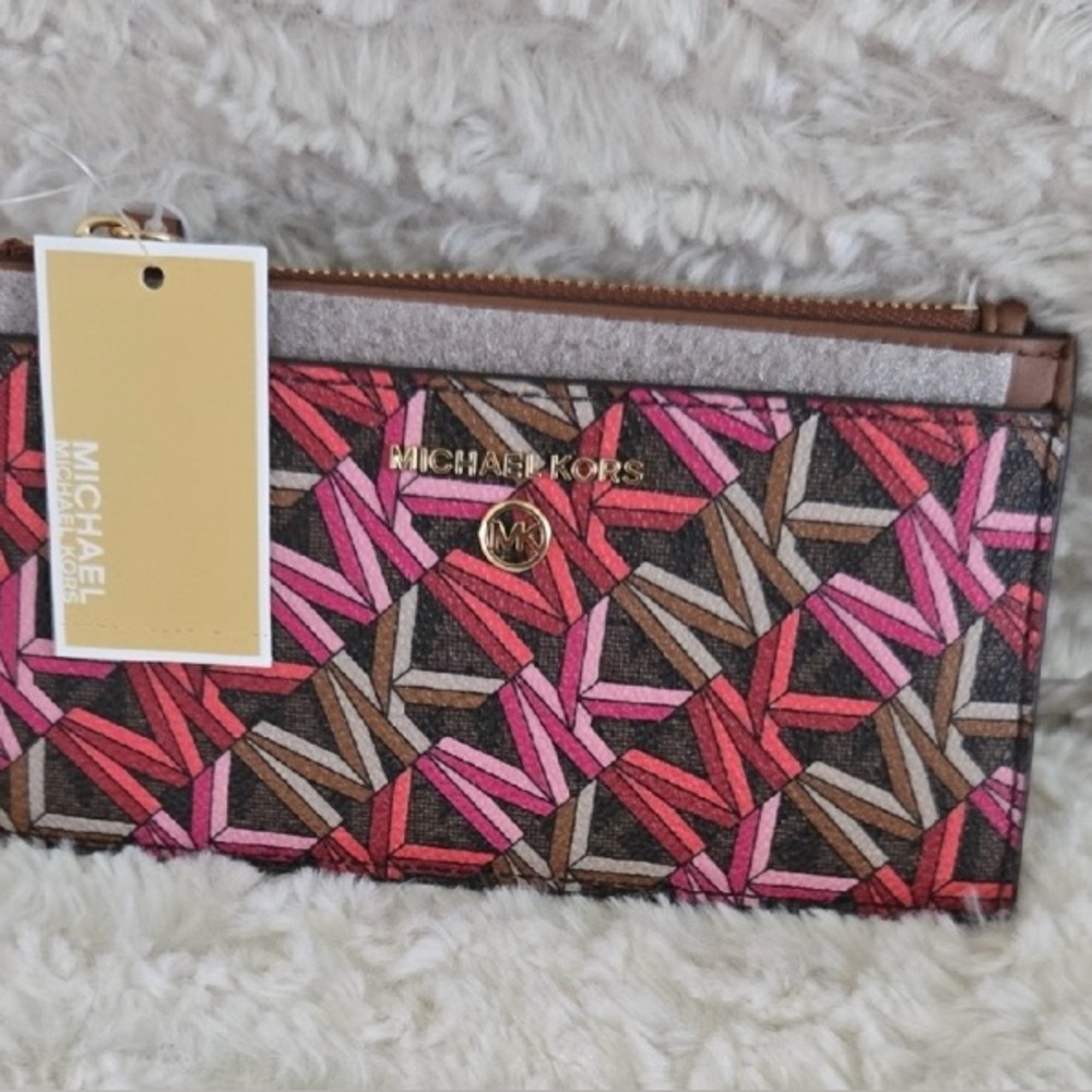 Michael Kors Jet Set Charm Slim Card Case Wallet Brown Multi Geometric New Gift
